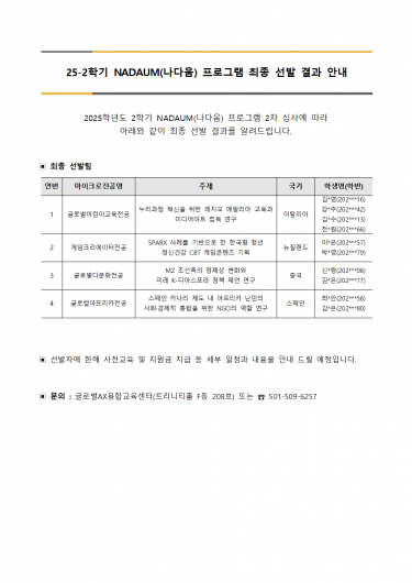 2025학년도 2학기 NADAUM 프로그램 최종 선발 결과 안내