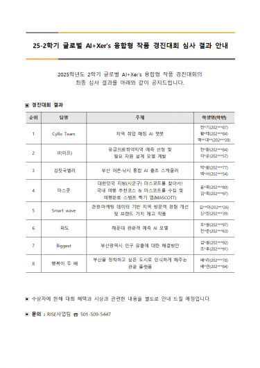 2025학년도 2학기 글로벌 AI+Xer's 융합형 작품 경진대회 심사 결과 안내